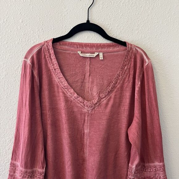 Soft Surroundings Women's Top Size L Dusty Pink V Neck Bell Cuff Mineral Wash - Picture 4 of 13